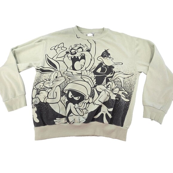 Looney Tunes Sweatshirt Medium Green Crewneck Graphic Bugs Daffy Taz Toon - Picture 1 of 7